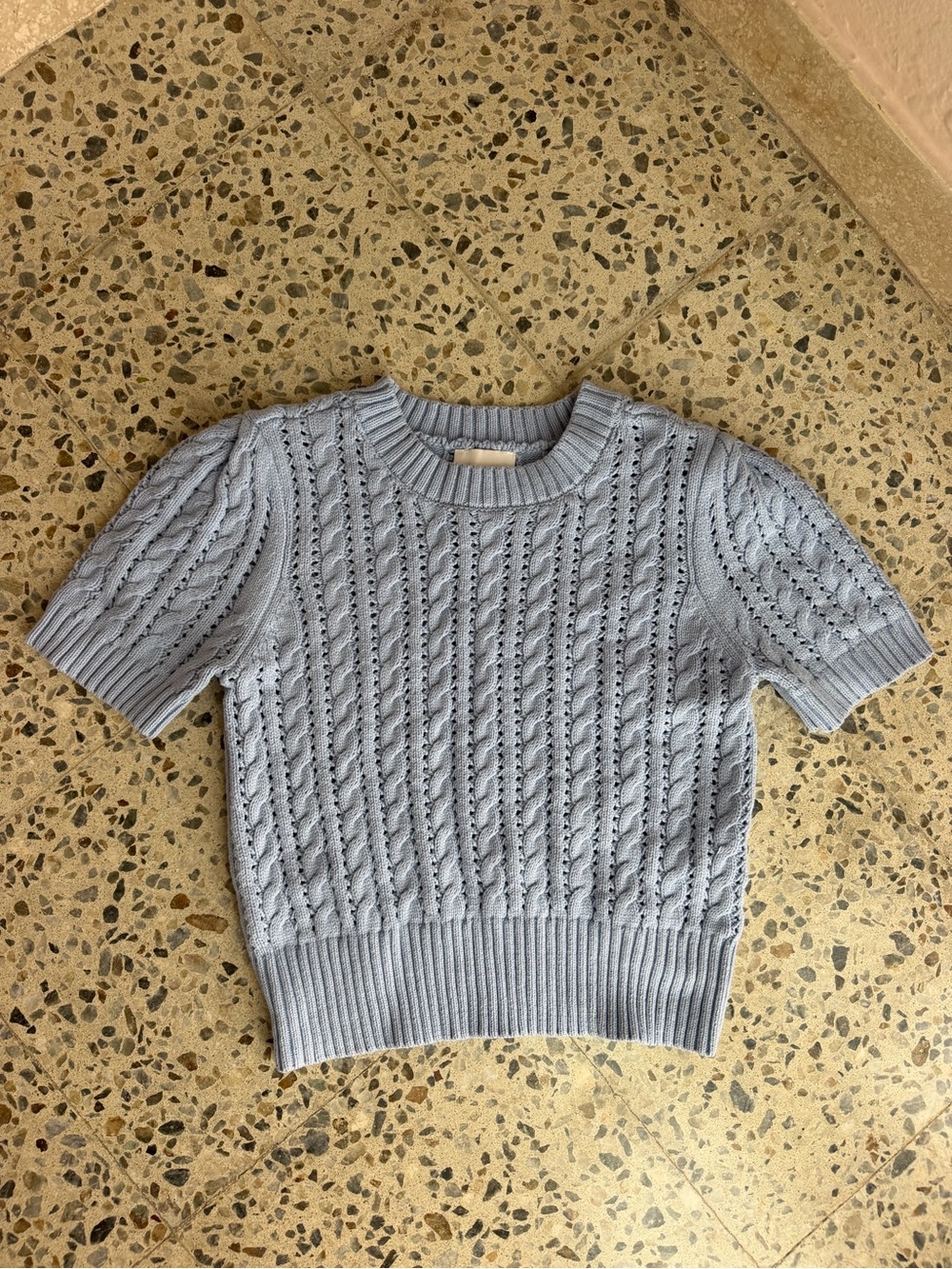 Pink Rose Pale Blue Short Sleeve Cable Knit Sweater